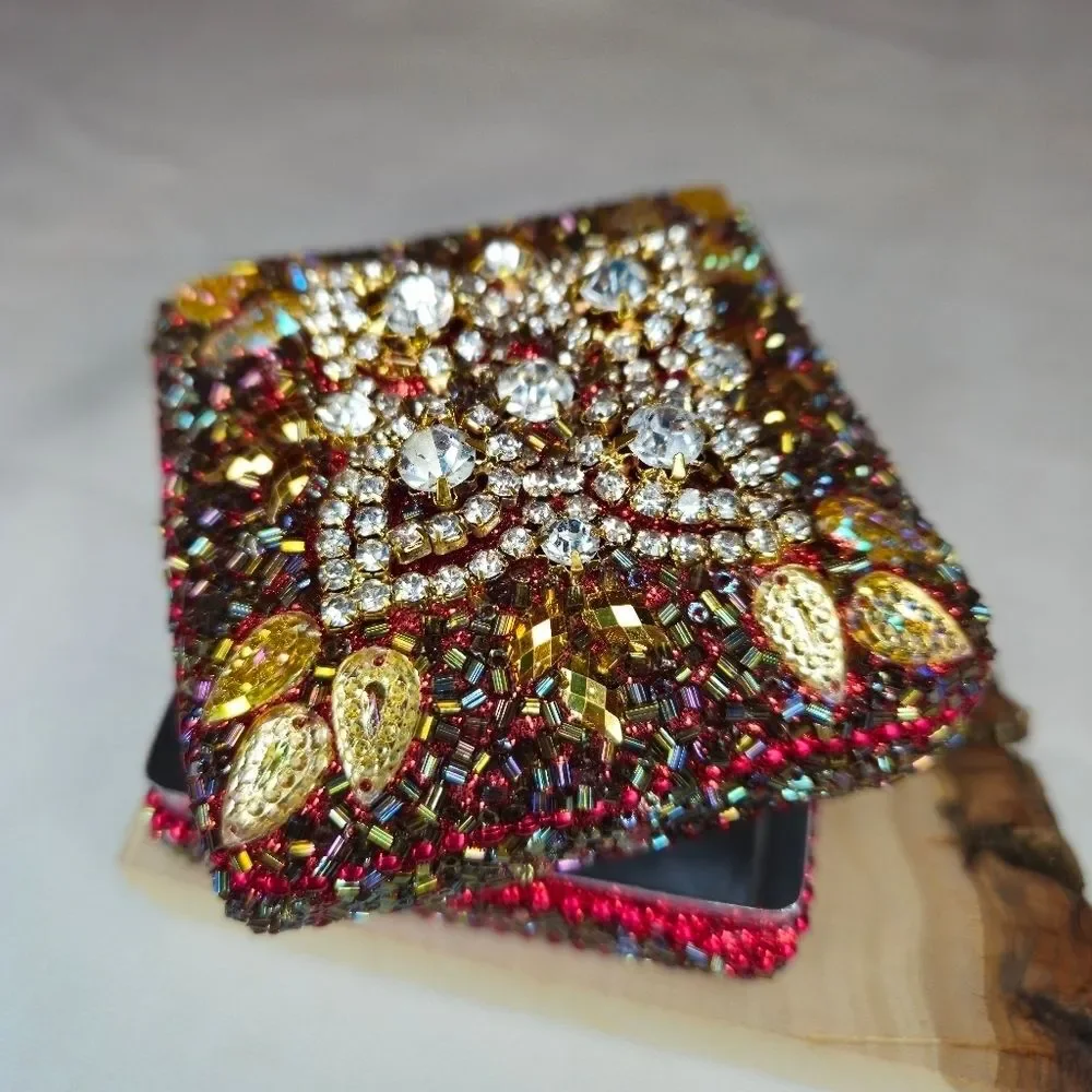 Vintage Artisan Handmade Rhinestone & Bead Trinket Box 80s-90s Made In India EUC